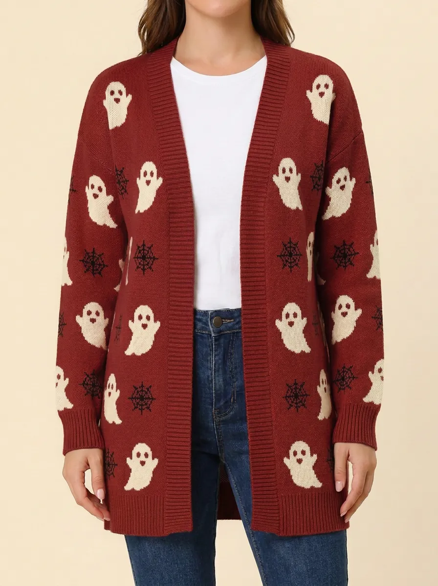 Women's Halloween Ghost Spiderweb Pattern Knitted Cardigan