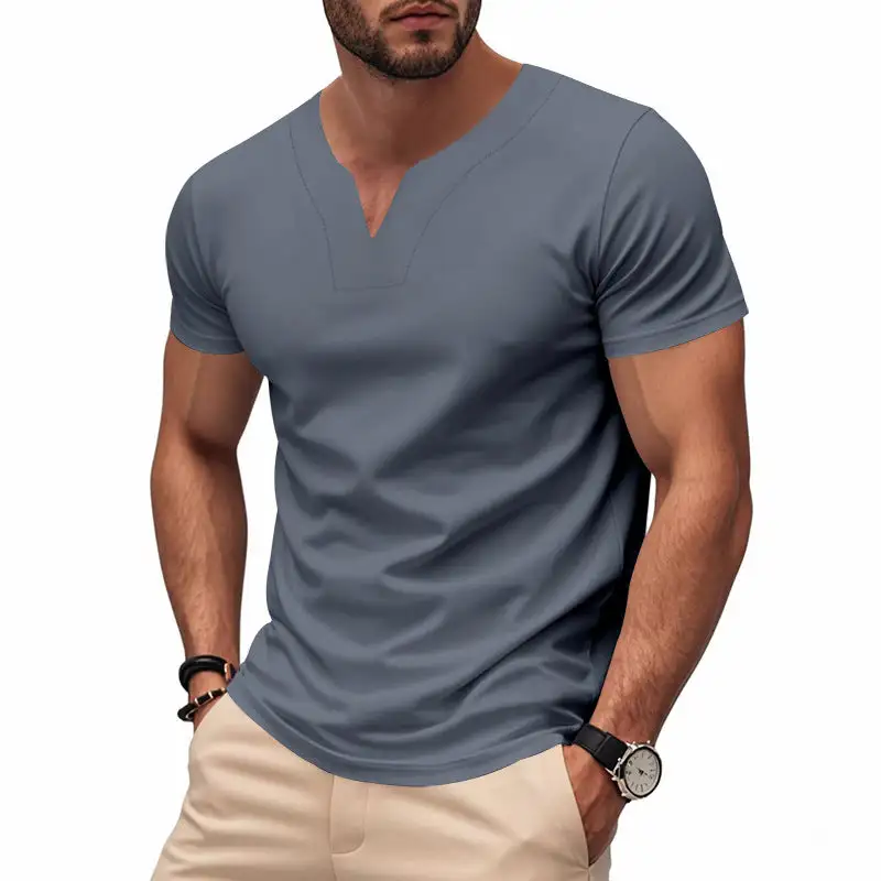 Men's Slim-Fit Short-Sleeve Shirt With Embedded V-notch And Decorative Stitching