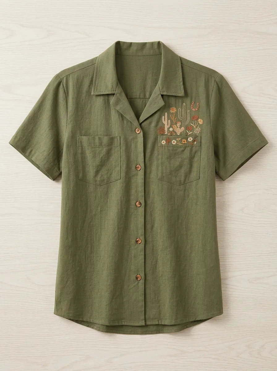 Women's Western Desert Lover Cactus Horseshoe Embroidered Short Sleeve Shirt