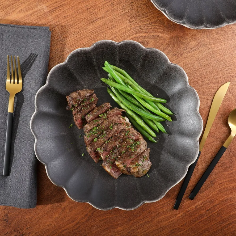 Stoneware 16-Piece Plates and Bowls Set Scalloped Reactive Glaze