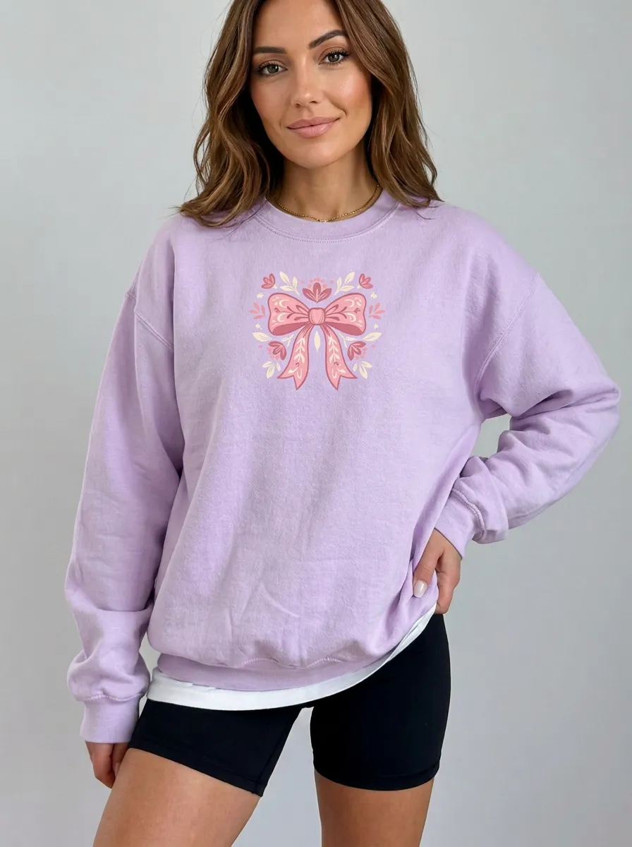 Women's Breast Cancer Awareness Pink Bow Floral Printed Sweatshirt