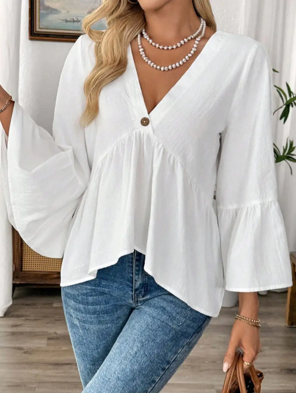 V Neck Ruffle Sleeve Cotton Blouse