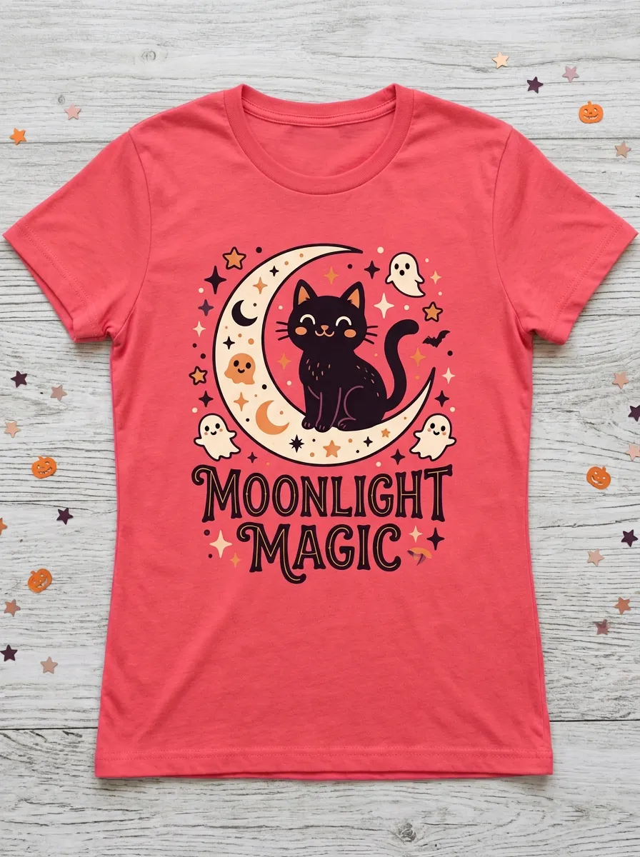 Cat Moon Magic Halloween Graphic T-Shirt