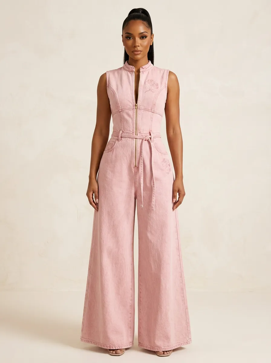 Pink Chic Floral Embroidered Sleeveless Denim Jumpsuit
