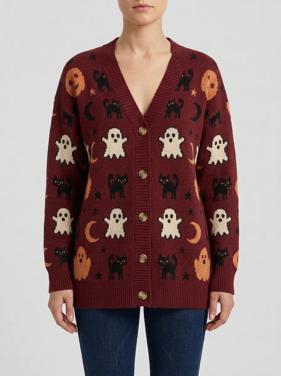 Women's Halloween Ghost Cat Pumpkin Pattern Printed Cardigan
