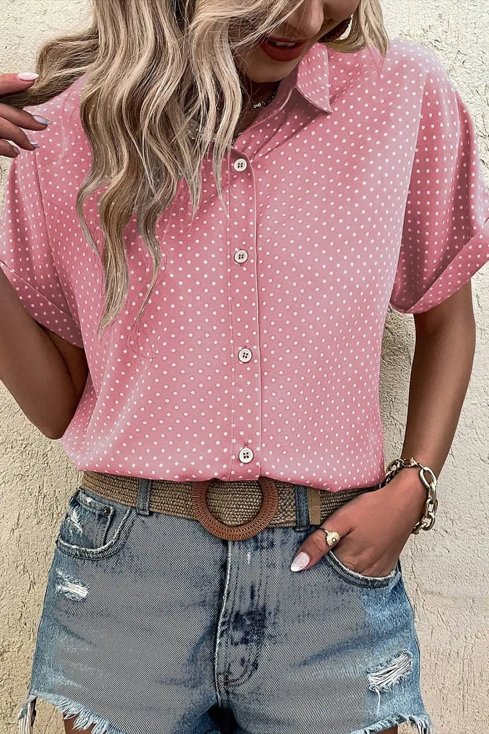 Short Sleeve Dot Print Shirt Blouse