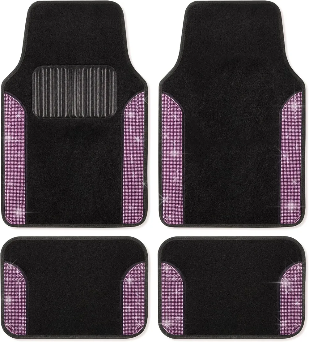 Diamond Bling Car Mats 4-Piece Set, Shiny Rhinestone Crystal Carpet Car Floor Mats, Two-Tone Floor Mats for Cars, Cute Automotive Floor Mats for Women (Pink)