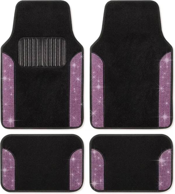Diamond Bling Car Mats 4-Piece Set, Shiny Rhinestone Crystal Carpet Car Floor Mats, Two-Tone Floor Mats for Cars, Cute Automotive Floor Mats for Women (Pink)