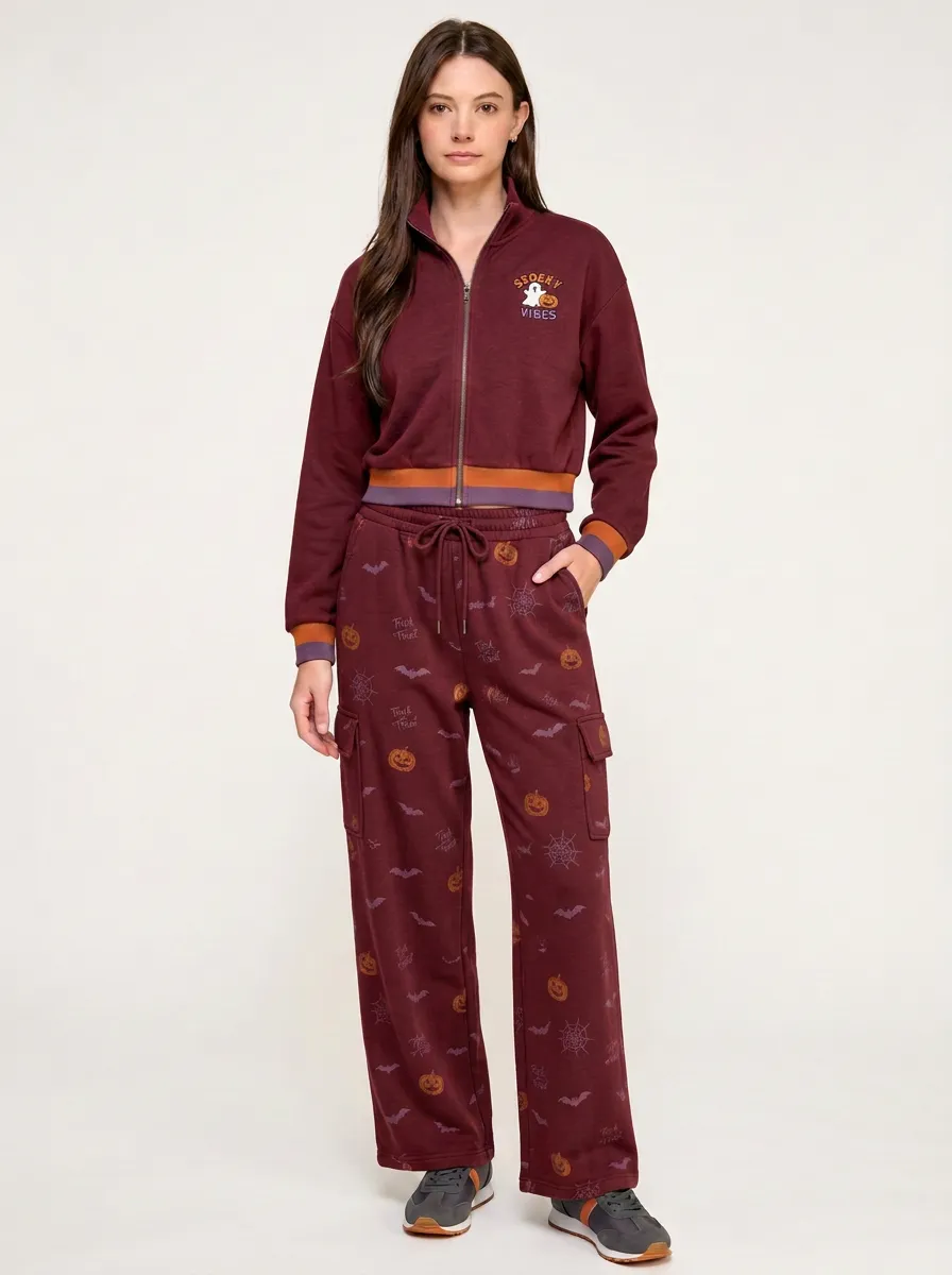 Women's Halloween Spooky Vibes Pumpkin Bat Printed Tracksuit