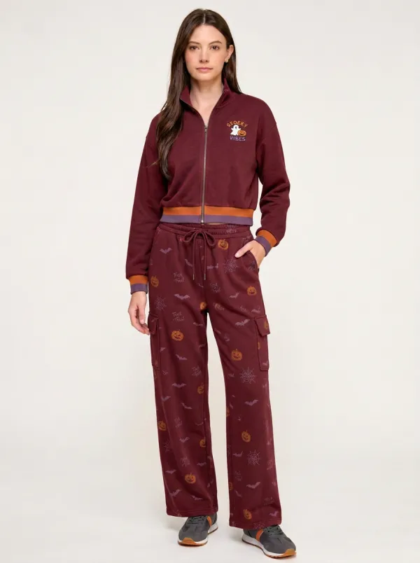 Women's Halloween Spooky Vibes Pumpkin Bat Printed Tracksuit