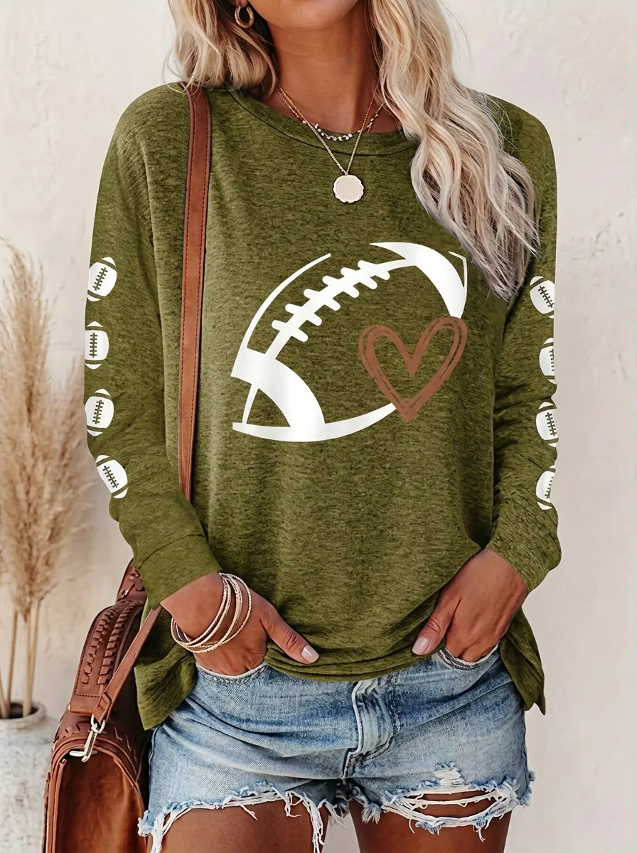 Women's Casual Gridiron Heart Ball Crewneck Long Sleeve T-Shirt