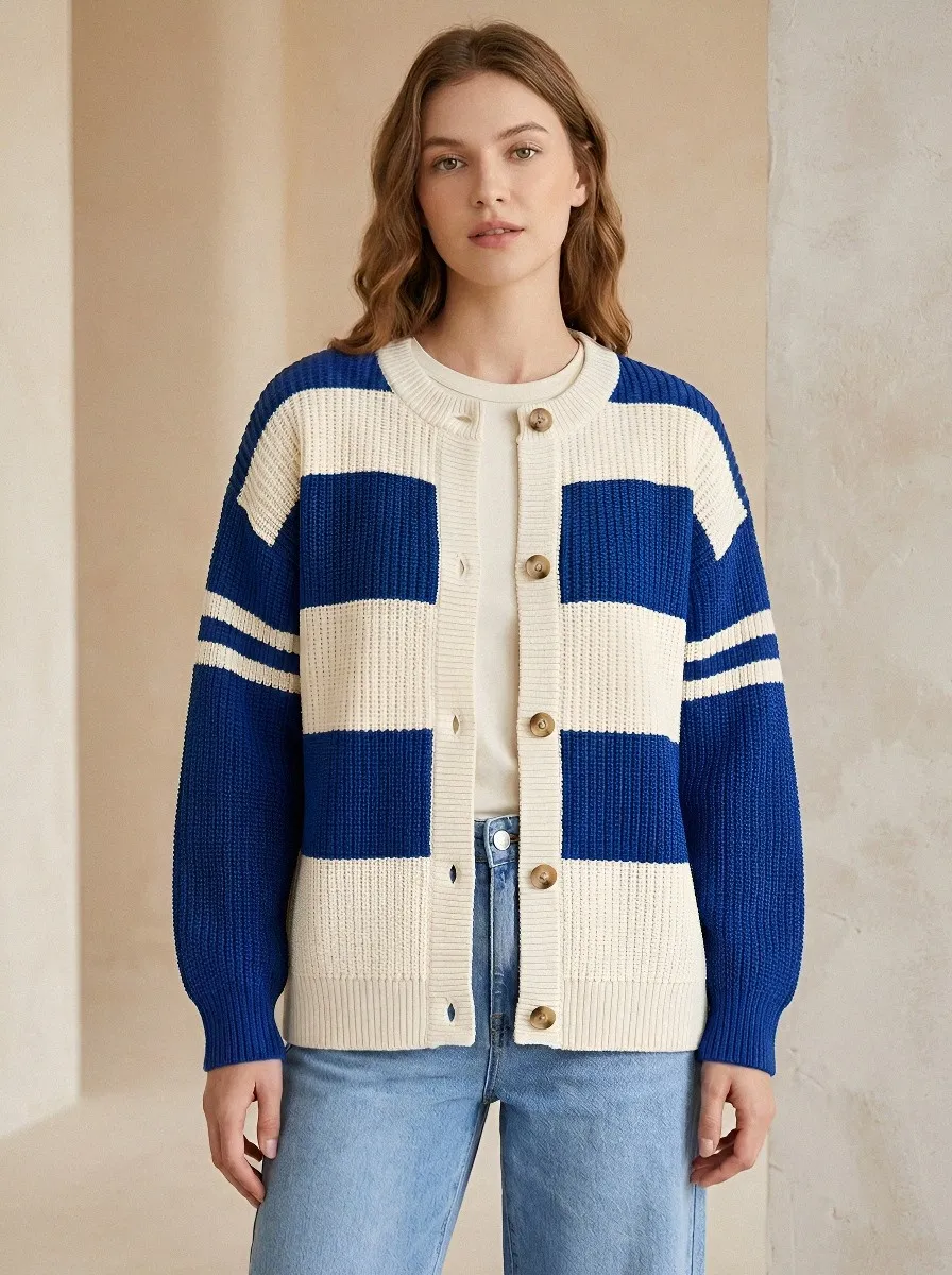 Field Inspired Distinctive Rugby Striped Knit Cardigan