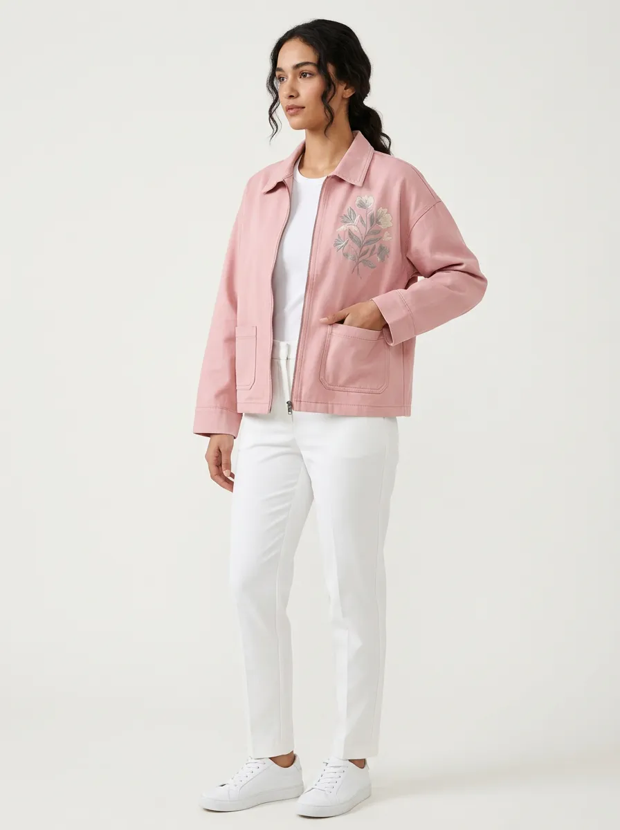 Women's Floral Lover Pink Botanical Embroidered Printed Jacket
