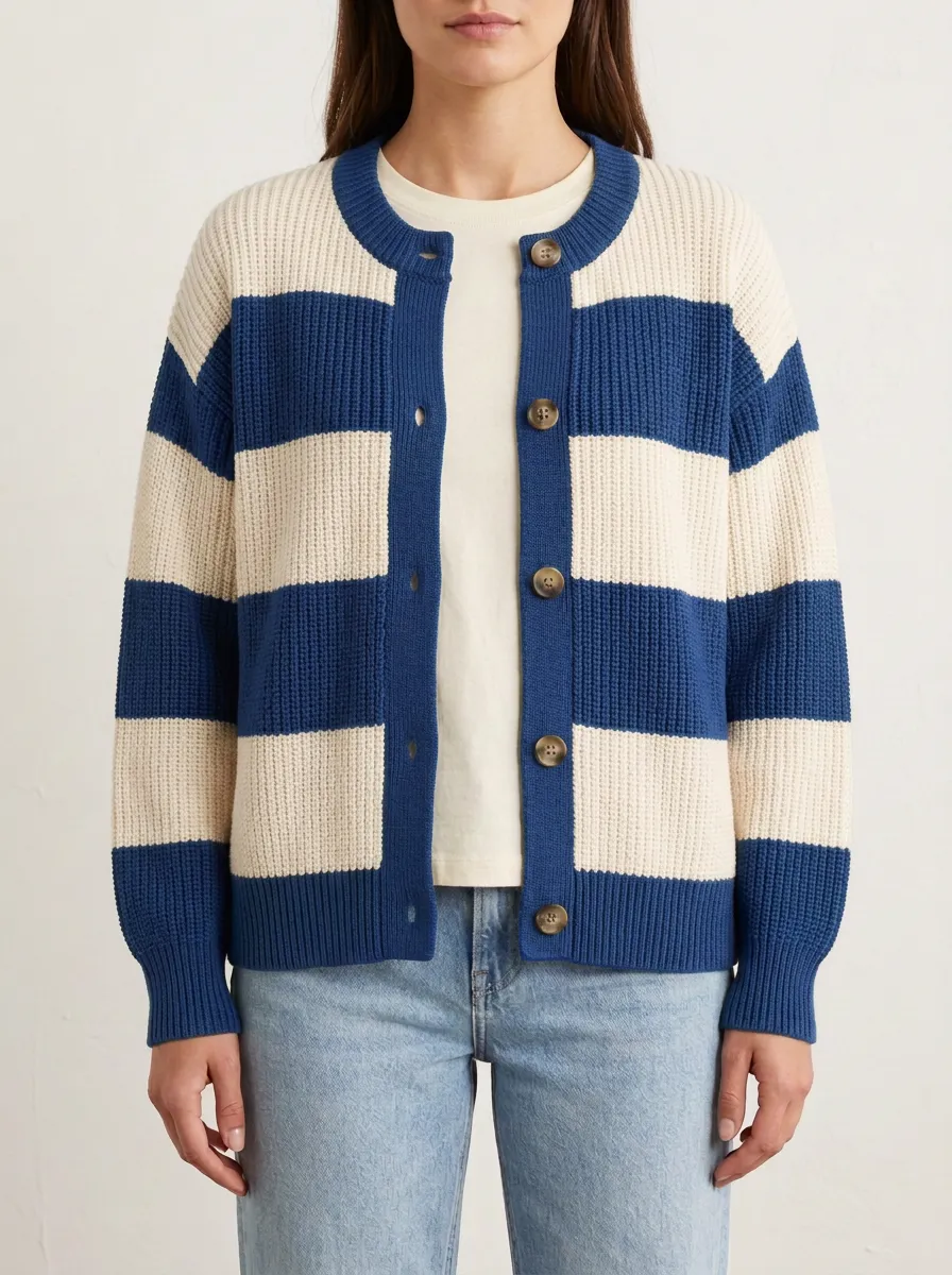 Relaxed Rugby Striped Button Front Knit Cardigan