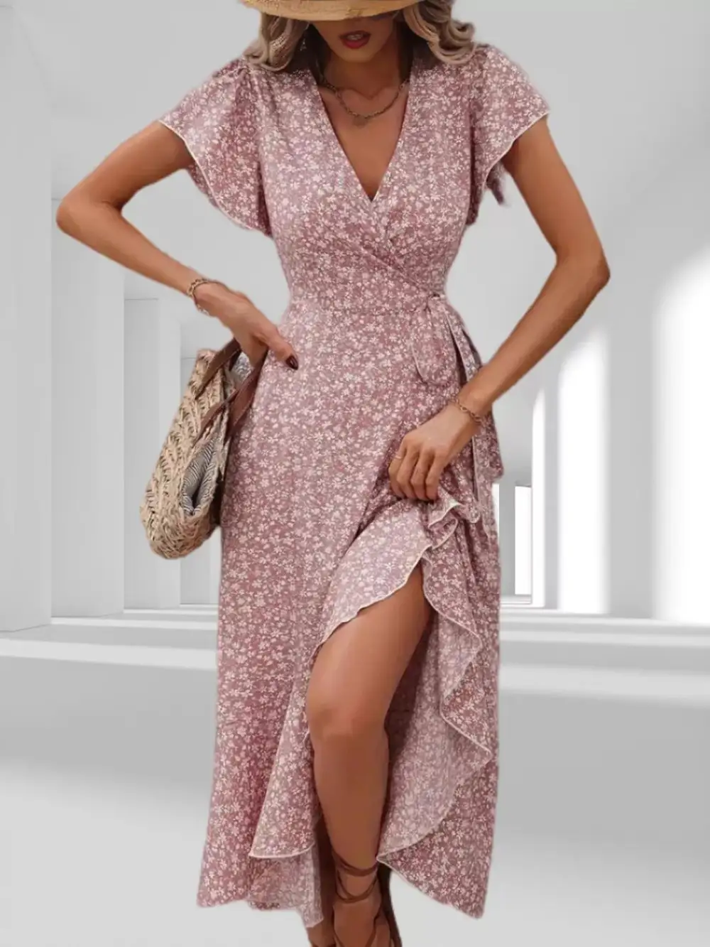 Ruffle Hem Wrap Midi Dress