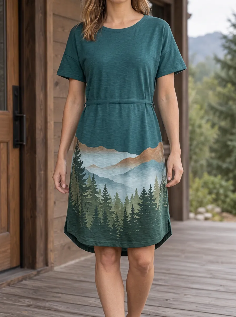 Women's Nature Lover Mountain Pine Forest Printed Dress