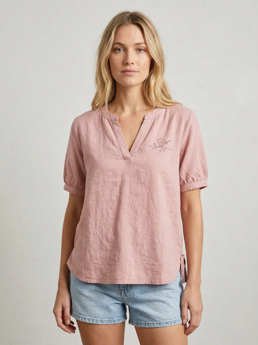 Women's Nature Lover Bird on Branch Printed V-neck Cotton And Linen Top