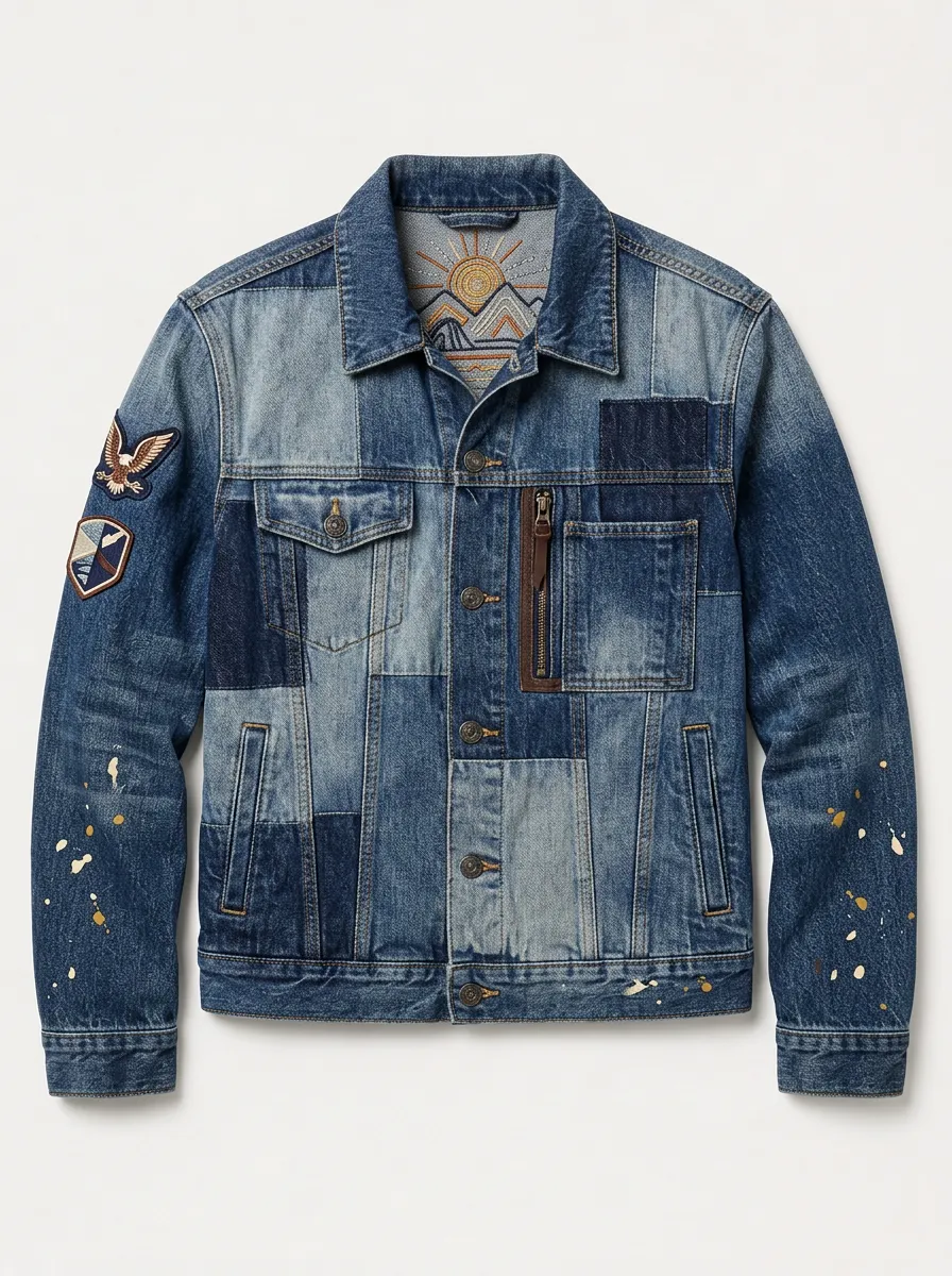 Men's Patchwork Denim Trucker Jacket Chest-Pocket