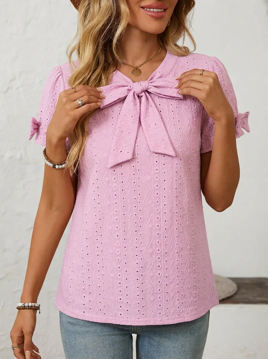 Women's V-neck Bow-detail Eyelet Blouse