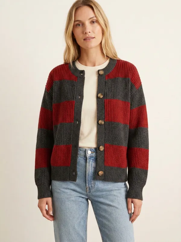 Relaxed Striped Distinctive Rugby Striped Knit Cardigan