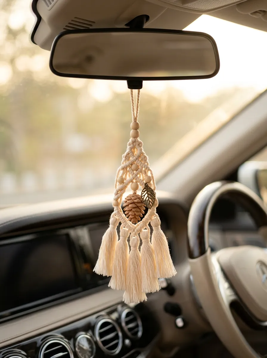 Macrame Pine-Tree Leaf Rearview Mirror Hanging Ornament