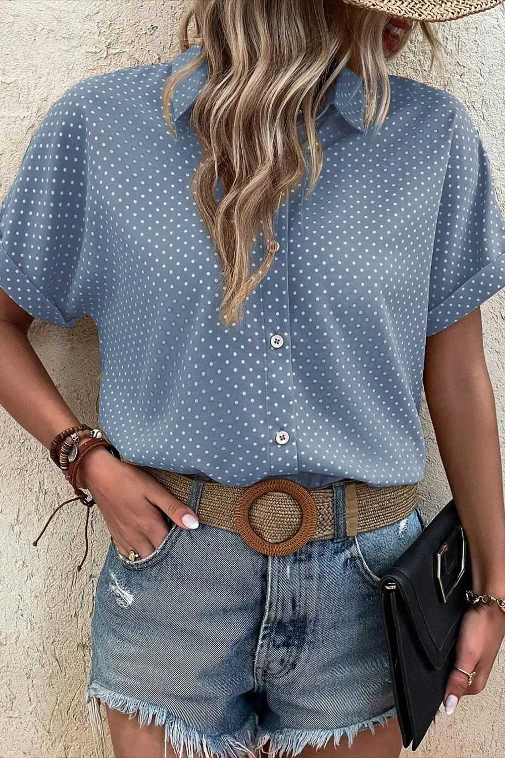 Short Sleeve Dot Print Shirt Blouse