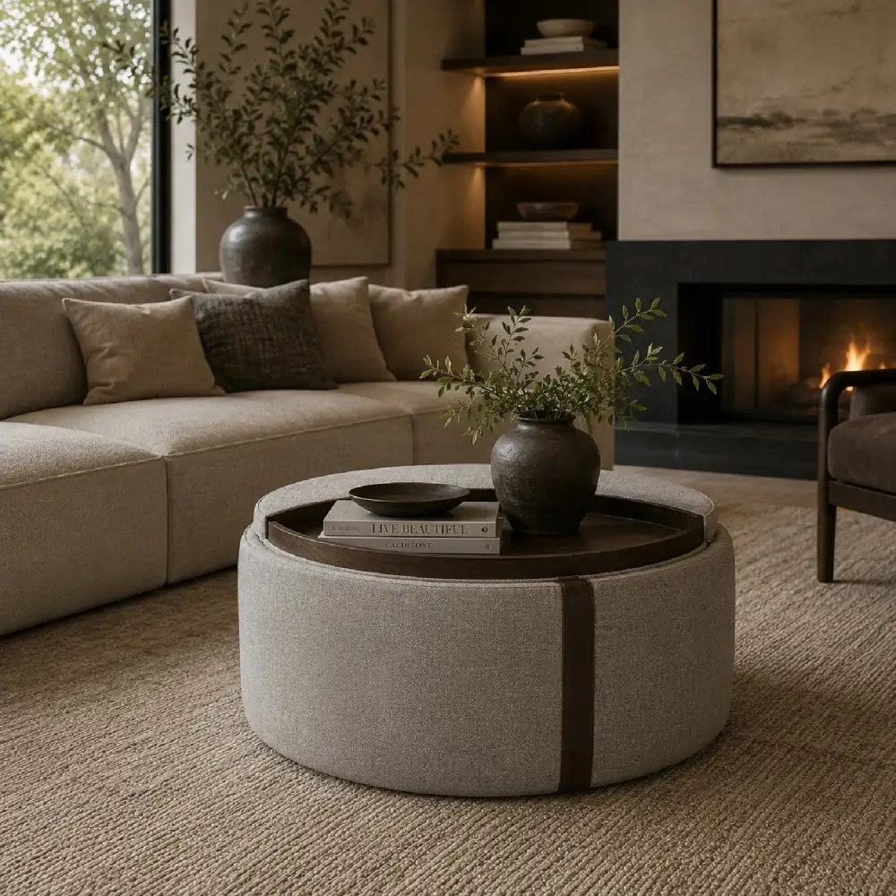 Round Leather Wheeled Storage Ottoman