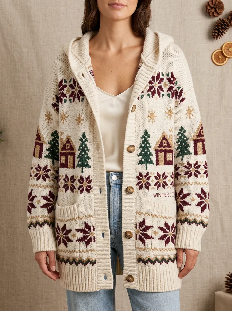 Christmas Village Snowflake Pattern Knit Hooded Cardigan