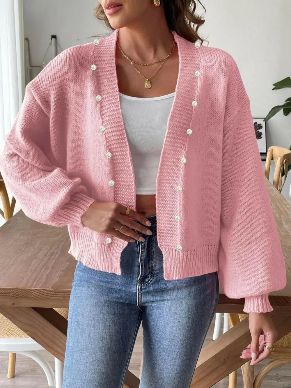 Pearl Detail Open Front Cardigan