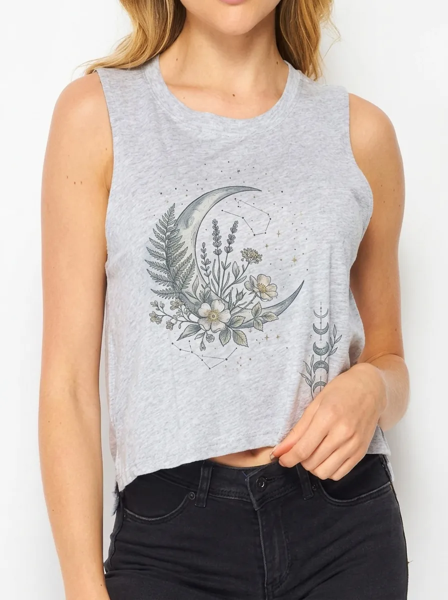 Women's Celestial Floral Moon Printed Crop Tank Top