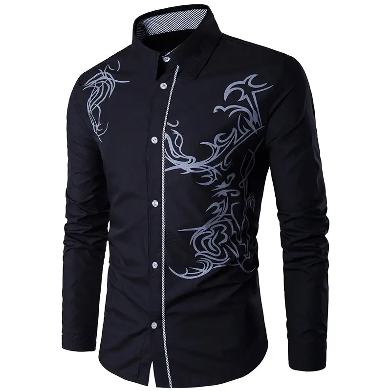 Men's Fitted Shirt With Tribal Print Concealed Button Placket And Contrast Collar