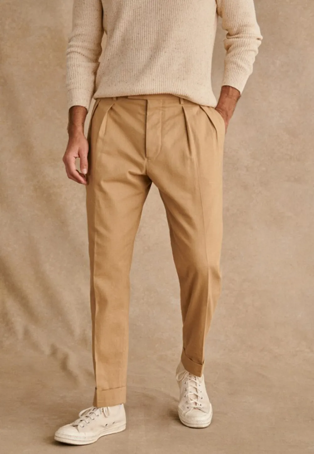 Sand Beige Pleated High Waist Cropped Trousers