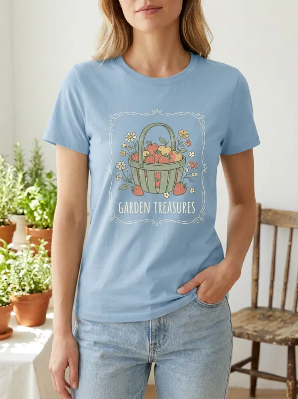 Women's Garden Lover Strawberry Basket Floral Printed T-shirt
