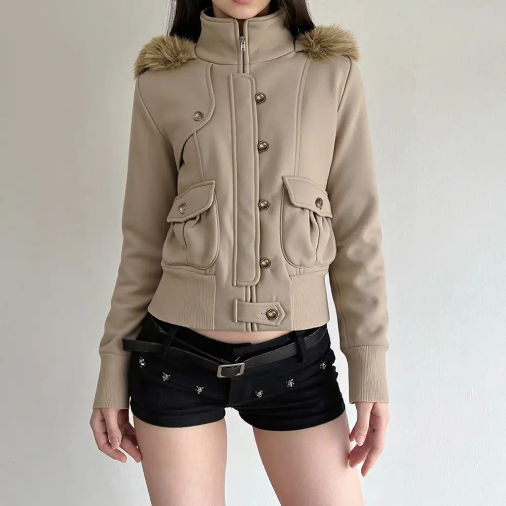 Cropped Faux Fur Hooded Stand Collar Bomber Jacket