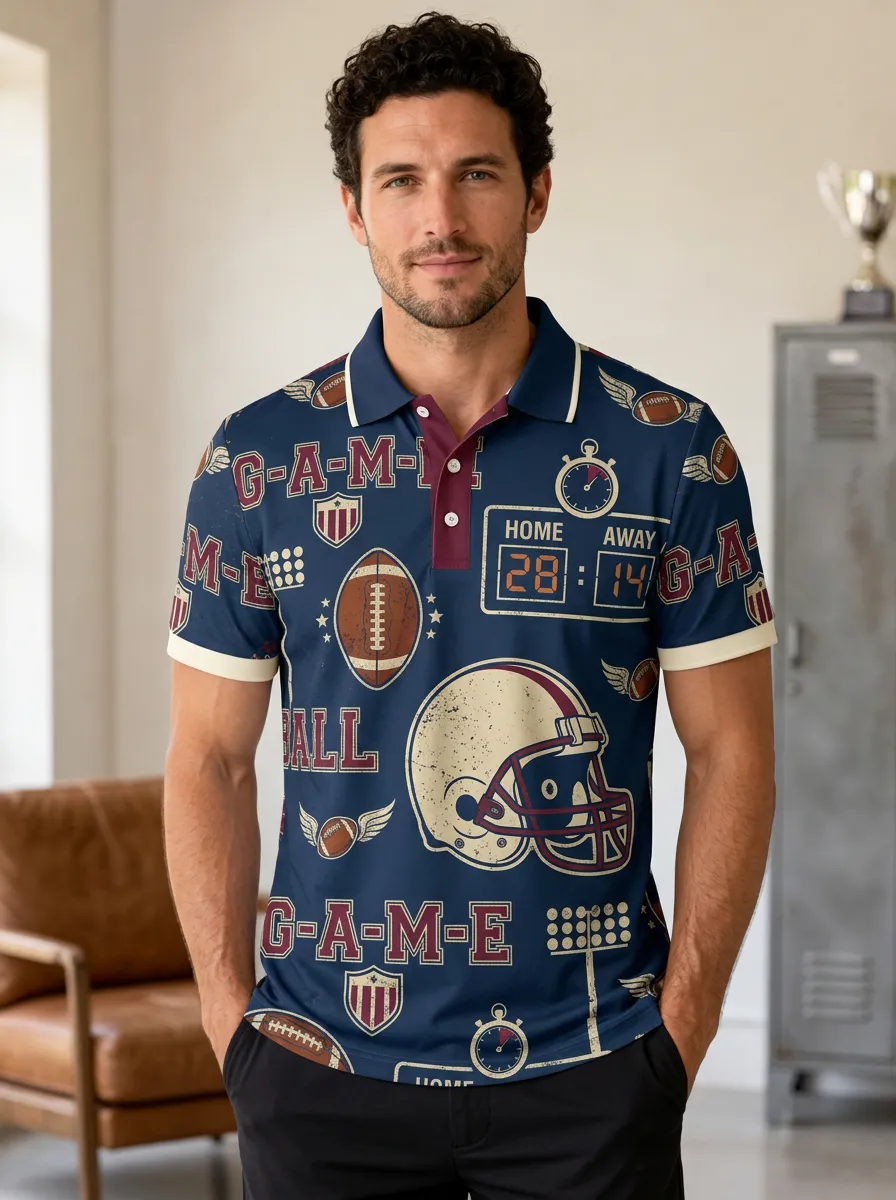 Men's Football Helmet Scoreboard Polo Shirt