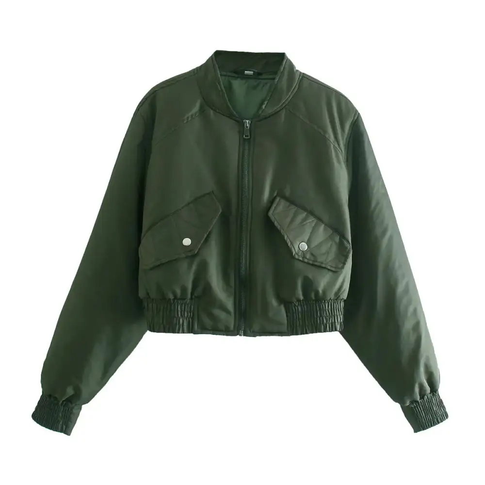 Cropped Quilted Zip Front Bomber Jacket