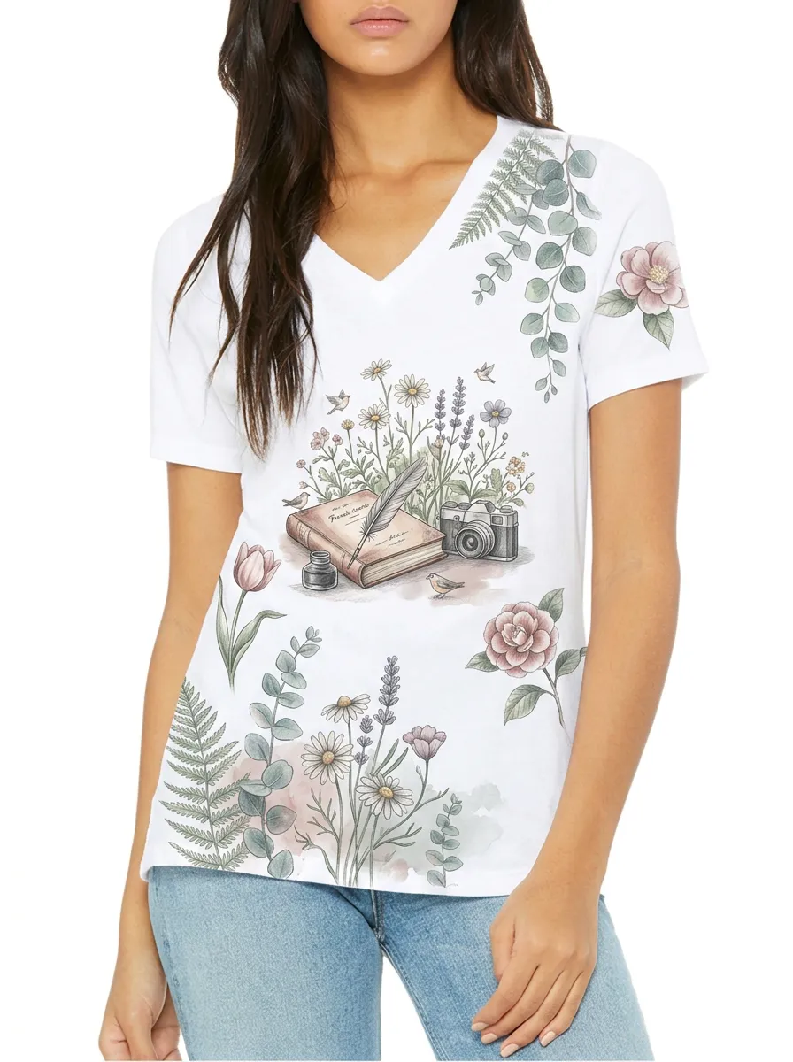 Women's Book Lover Vintage Camera Floral Printed V-neck T-shirt