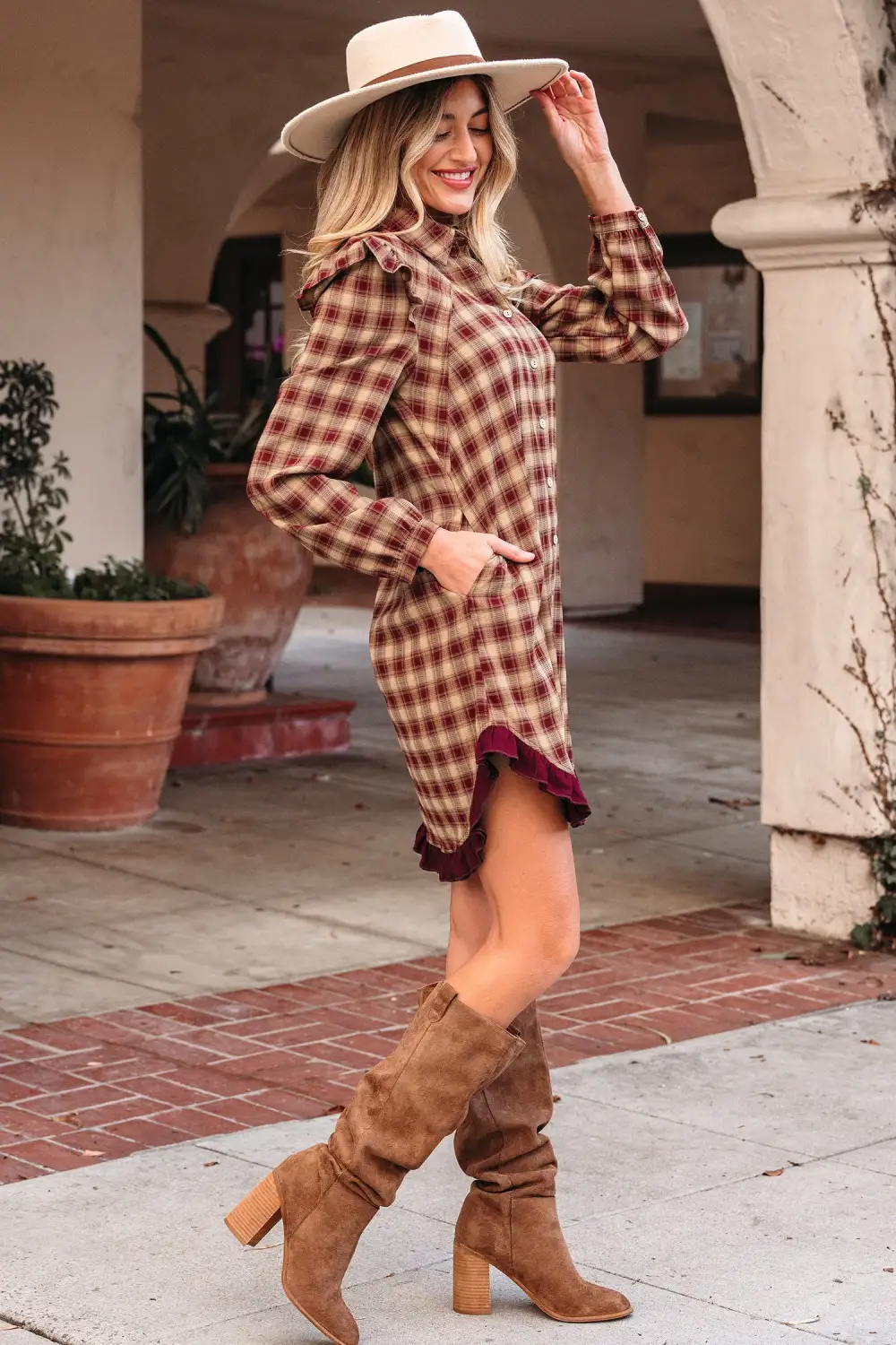 Gathered Detail Plaid Patchwork Ruffle Mini Dress
