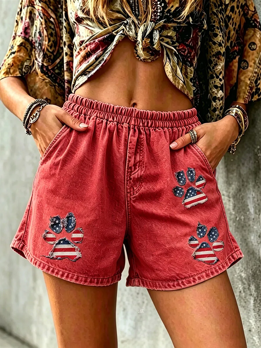 Women's American flag paw print shorts