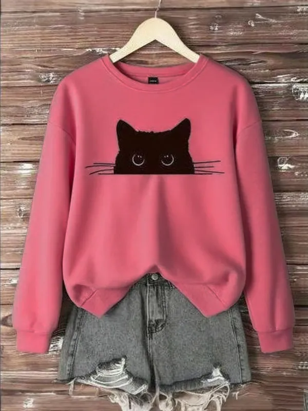 Women's Cute Black Cat Print Casual Top