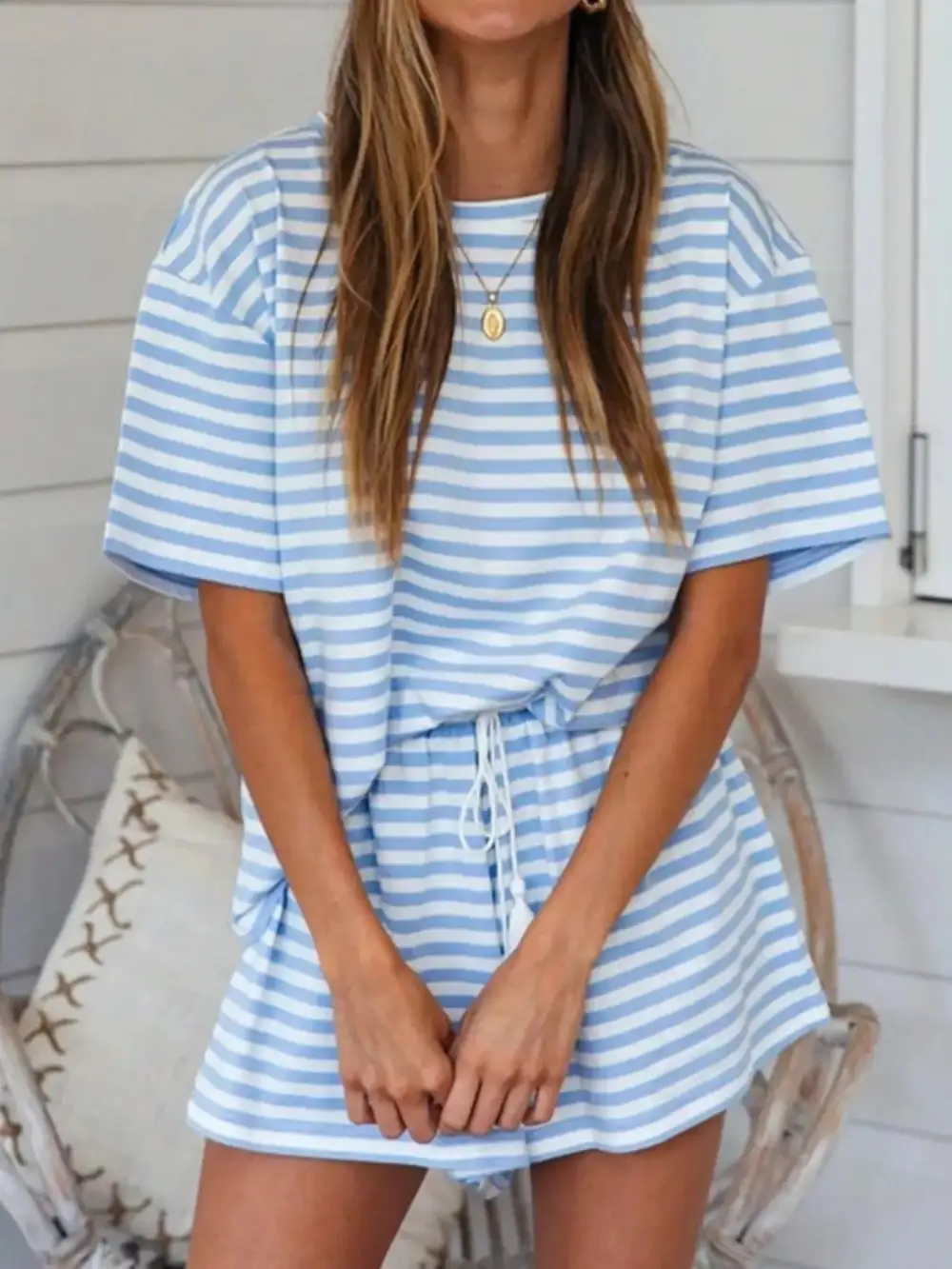 Striped Short Sleeve Tee Drawstring Shorts Set