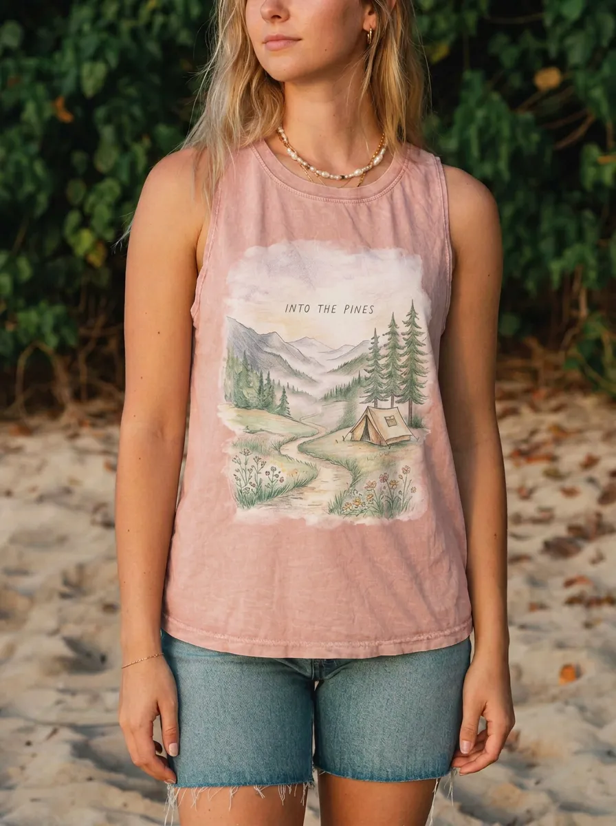Women's Camping Lover Into The Pines Mountain Printed Tank Top