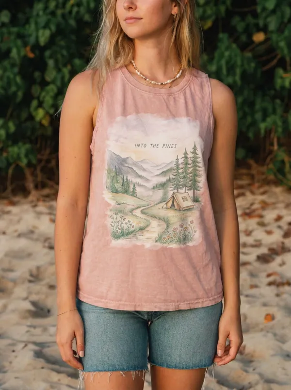 Women's Camping Lover Into The Pines Mountain Printed Tank Top
