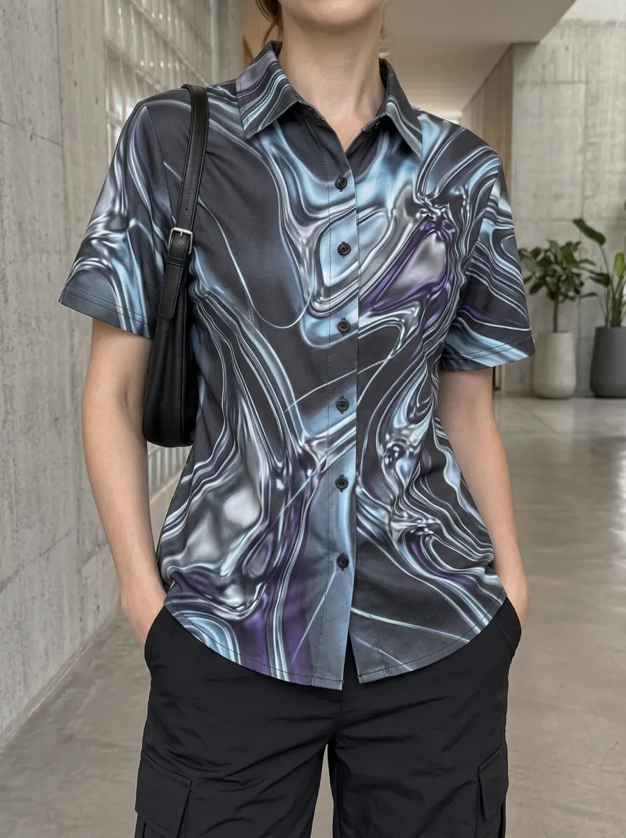 Women's Y2K Aesthetic Liquid Metal Marble Printed Shirt