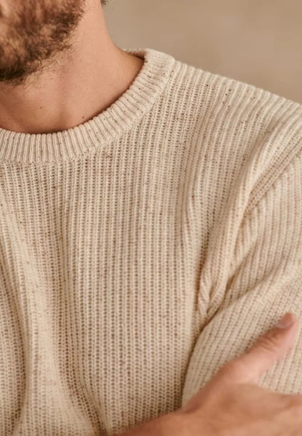 Natural Beige Ribbed Knit Crew Neck Sweater
