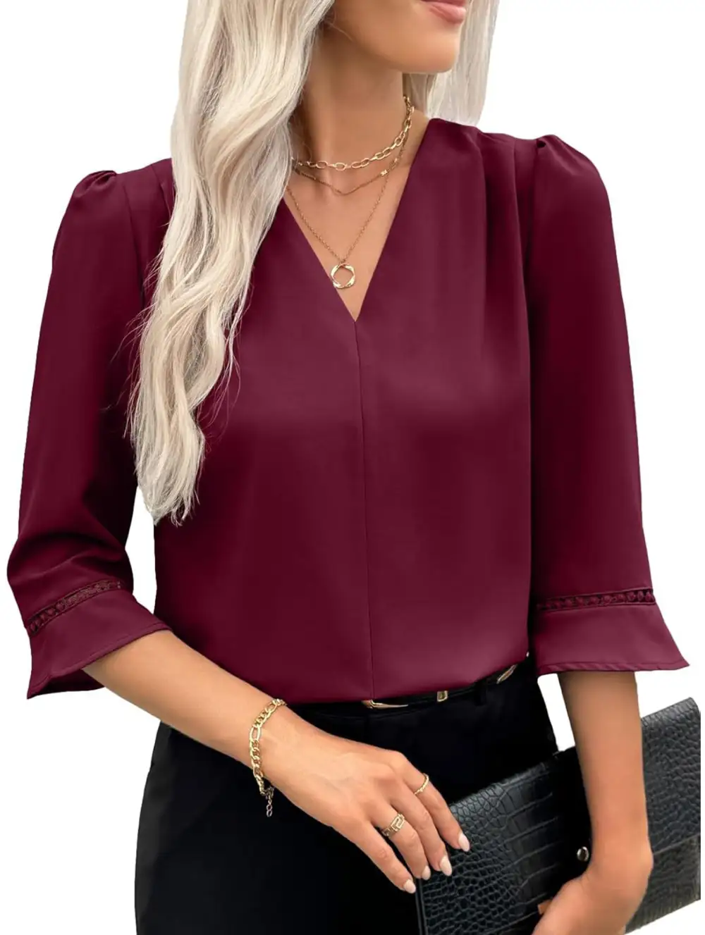V Neck Office Three Quarter Sleeve Blouse