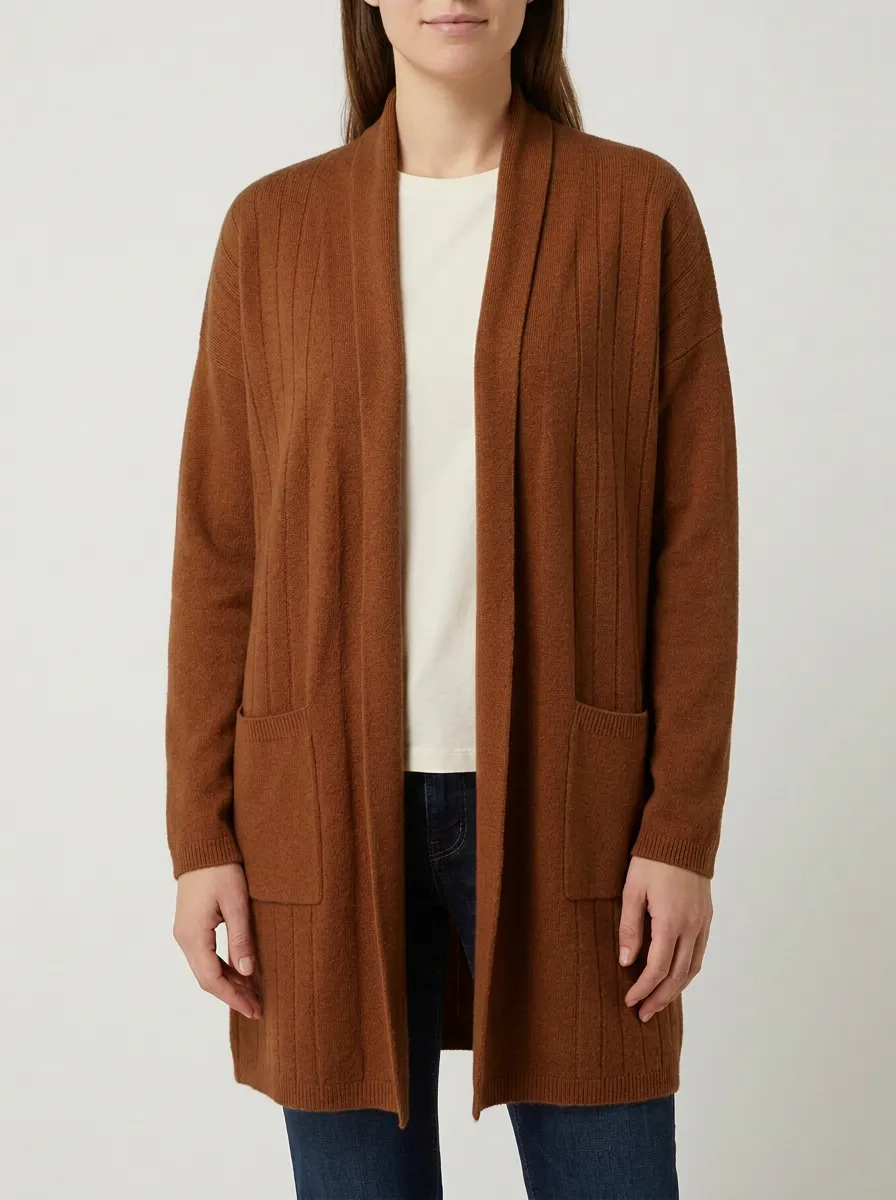 Ribbed-Knit Open-Front Knit Cardigan