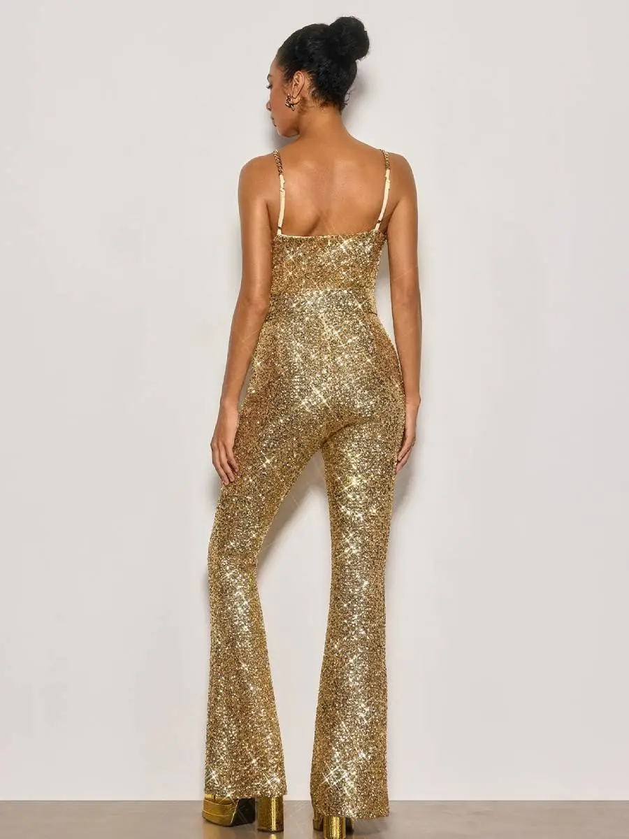 Sarah Spaghetti Sequin Flared Jumpsuit