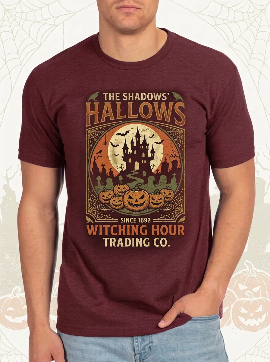 Men's Halloween Witching Hour Haunted Castle Pumpkin Printed T-shirt