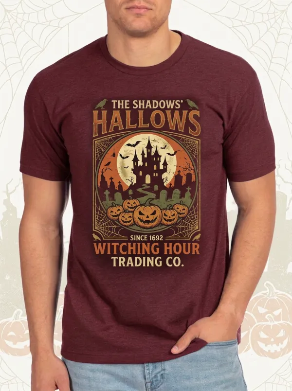 Men's Halloween Witching Hour Haunted Castle Pumpkin Printed T-shirt